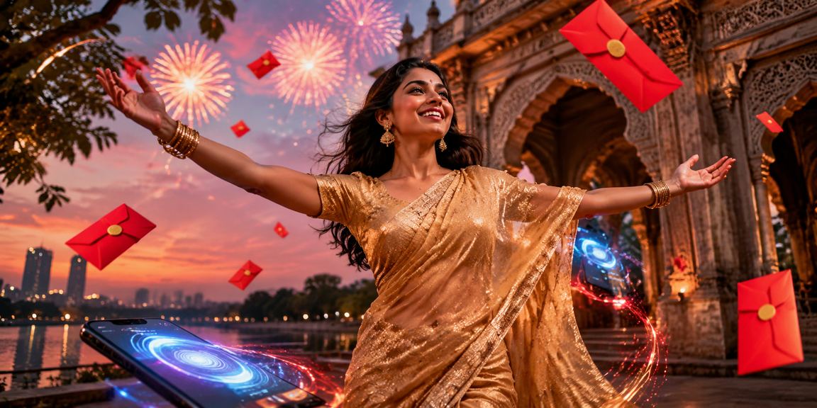 ঢাকায় লাল খামের বোনাস অফার ও শাড়ি পরিহিত নারীর উৎসব মুহূর্ত